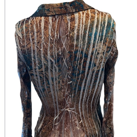 Kamarov Mixed Print Multicolored Pleated Lacey Lace Up Back Detail Blouse Size S - Picture 6 of 13